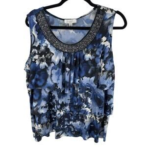 Dressbarn Women’s 2X Tank Blouse Raw Hem Ruffled Tiered Blouse Embellished Blue